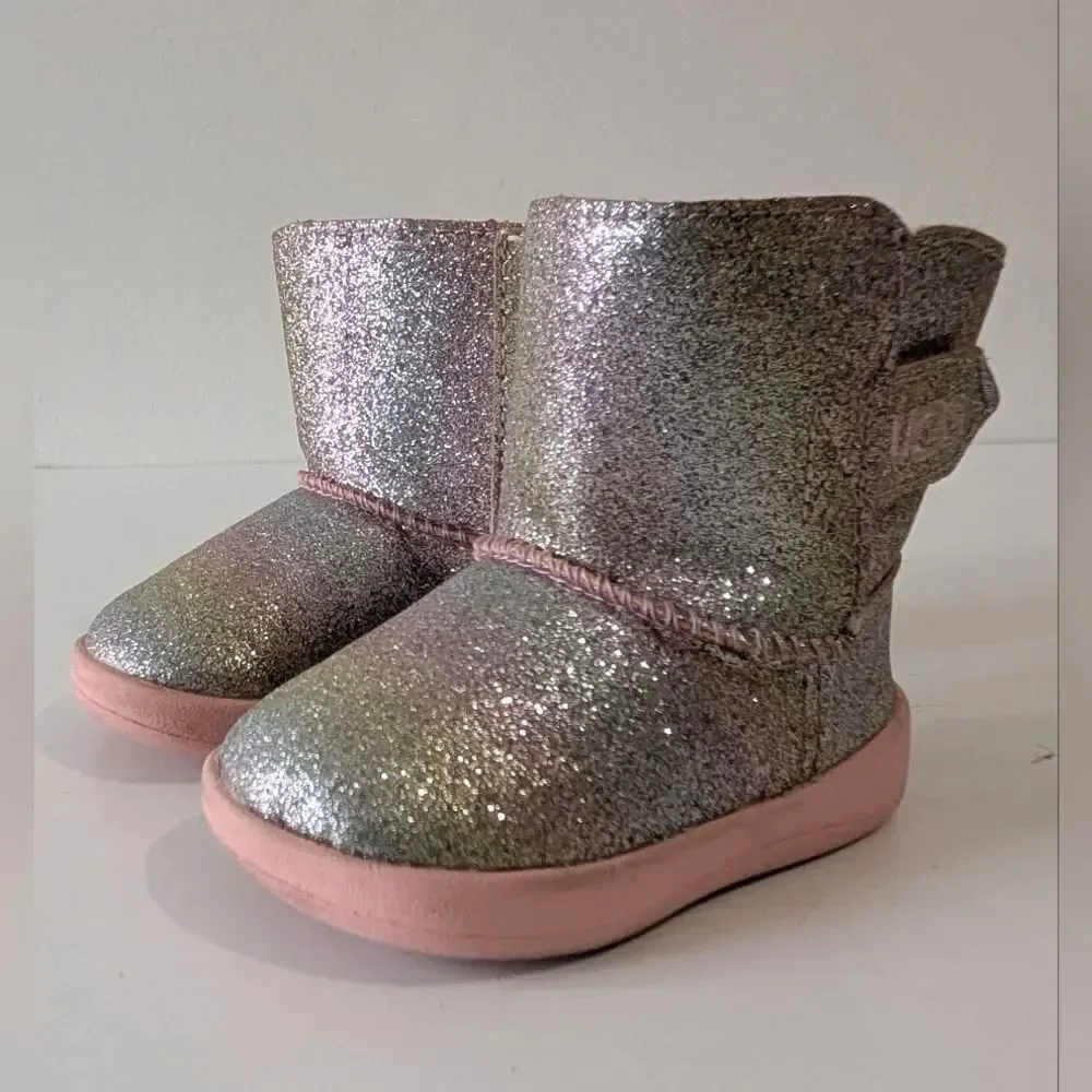 UGG Toddlers Keelan Rose Gold Metallic Glitter Sheepskin Booties Size 2/3